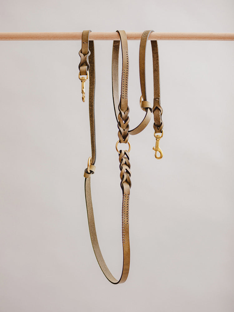 Pintu Dog Leash Lumas Adjustable - Olive/Taupe - Brass