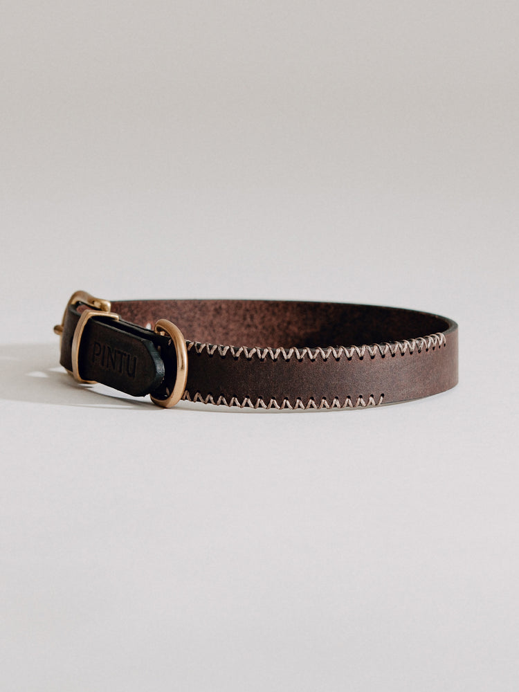 Pintu Dog Collar Porthos - Chocolate/Grey - Brass